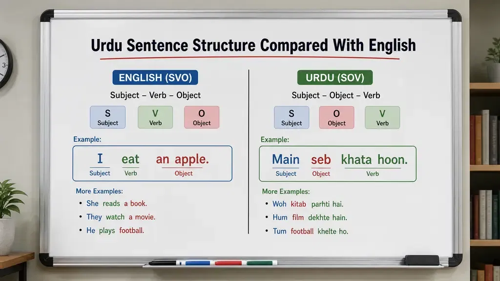 Learn Urdu sentence structure with English examples, Roman Urdu, Urdu script, and sentence building guide