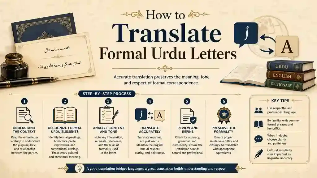 Formal Urdu letter translation example showing Urdu document and English translation