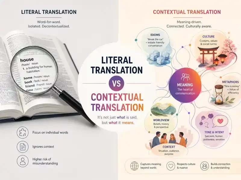 Examples of literal translation versus contextual translation in Urdu and English