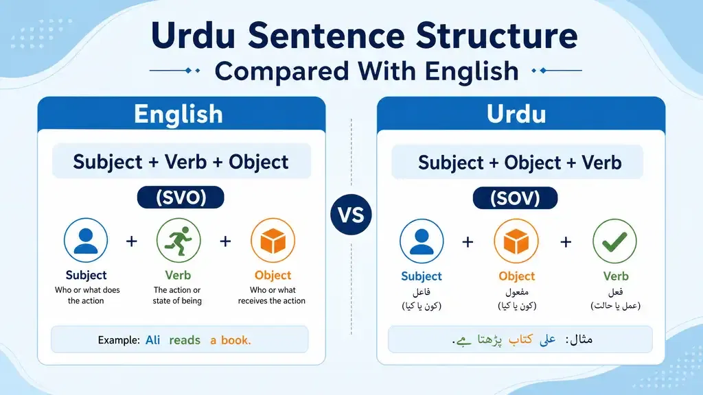 Urdu vs English grammar comparison with sentence formation rules, word order, and grammar examples