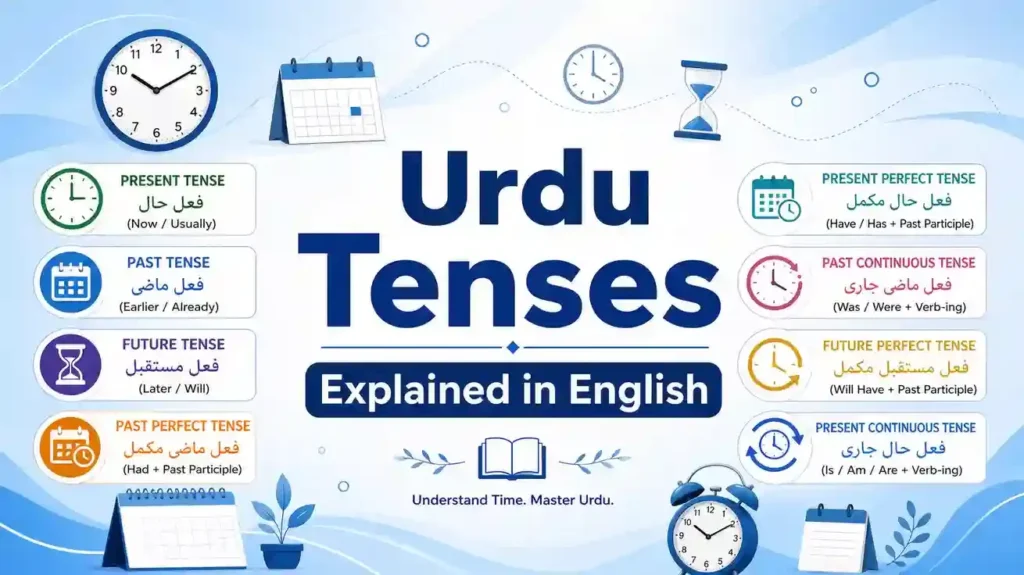Urdu Tenses Explained in English comparison chart showing differences between Urdu and English grammar and tense structures.
