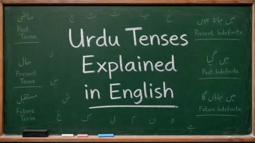 Urdu Tenses Explained in English chart showing all 12 Urdu tenses with formulas, examples, and English meanings.