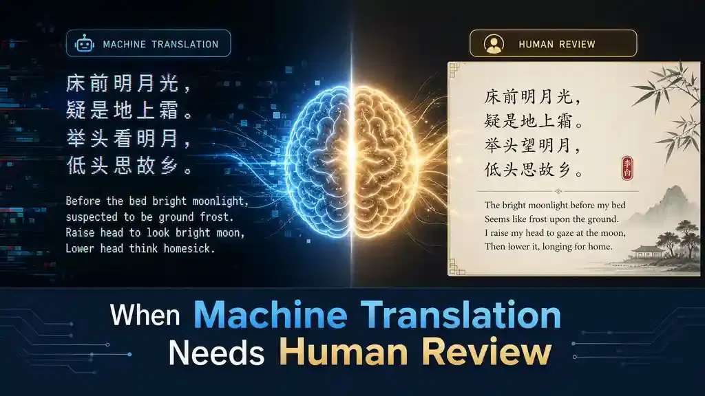 Comparison of AI translation and human-reviewed Urdu to English translation showing improved accuracy and context.