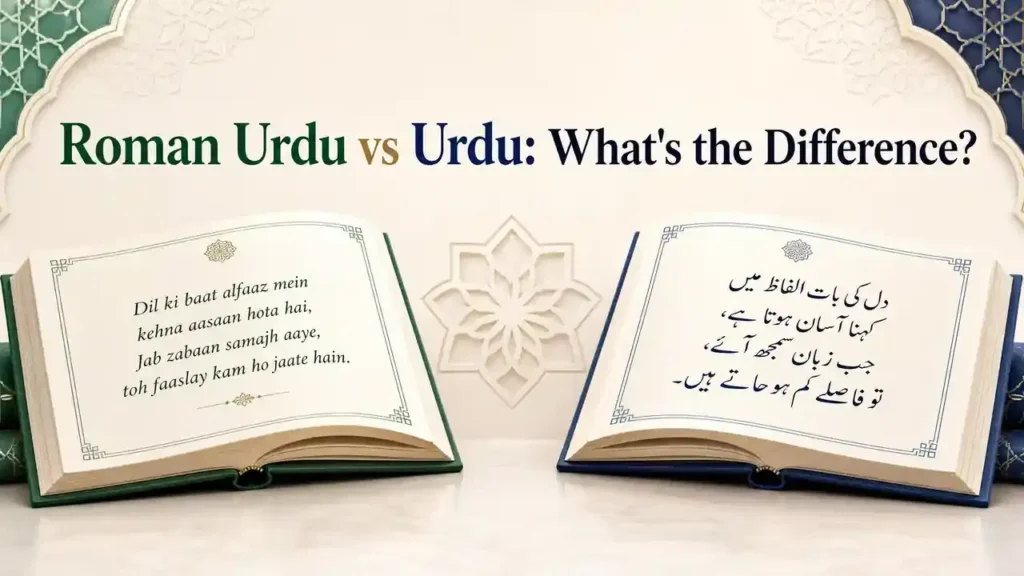 Roman Urdu vs Urdu: What’s the Difference? script comparison showing the same Urdu sentence in Latin and Nastaliq