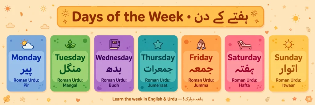 Urdu Days of the Week — Monday to Sunday with Urdu names, Roman Urdu and English meanings