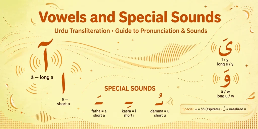 Roman Urdu vowels and special sounds transliterated into Urdu script