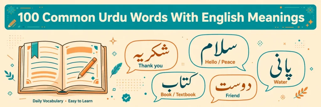 100 common Urdu words with English meanings vocabulary guide
